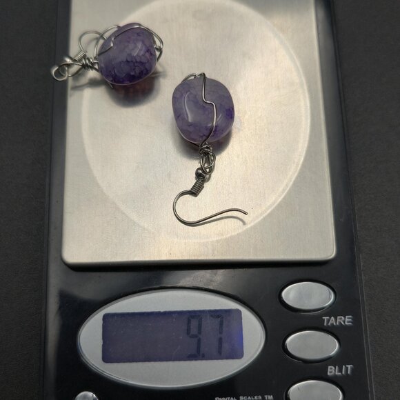 Silver Plated Purple Unique Handmade Glass Dangle Earrings A6098 - Picture 5 of 5